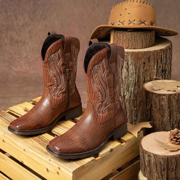 Jousen Mens Amy8420-lightbrown Embroidery Retro Square Toe Chunky Heeled Boots - Picture 2 of 7